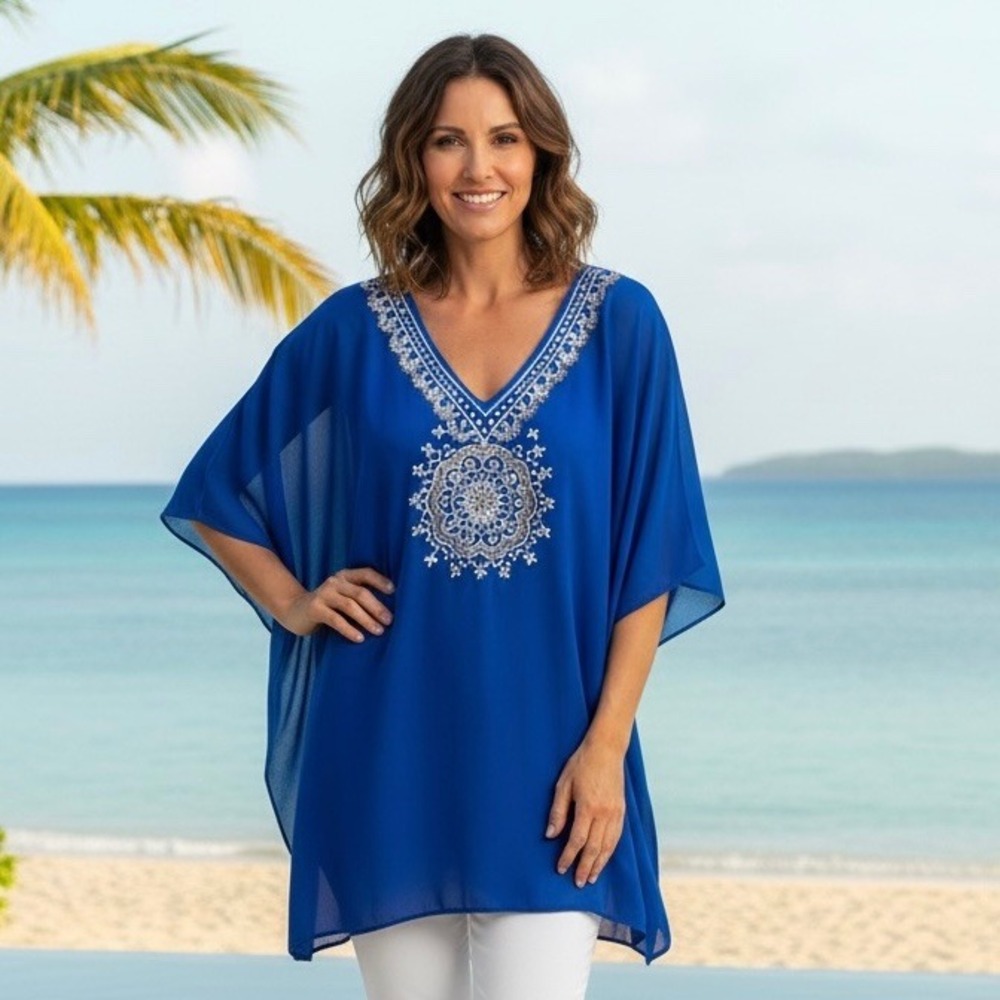 Chicos Royal Blue Beaded V Neck‎ Caftan Cover Up Kimono Style Top Small Medium